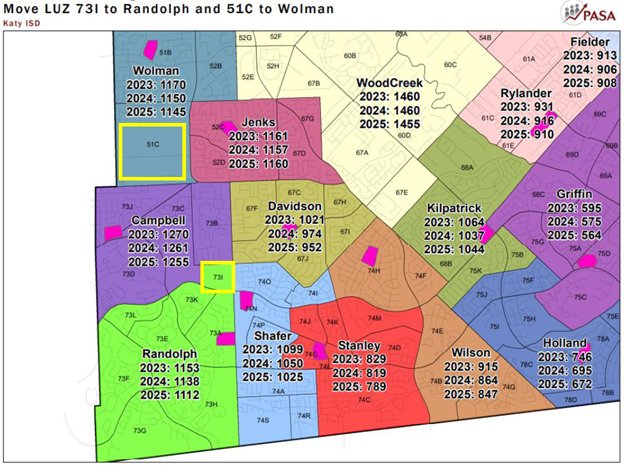 This map shows the proposed attendance boundary modifications for Katy ISD elementary schools. If approved, the changes would go into effect for the 2023-24 school year.